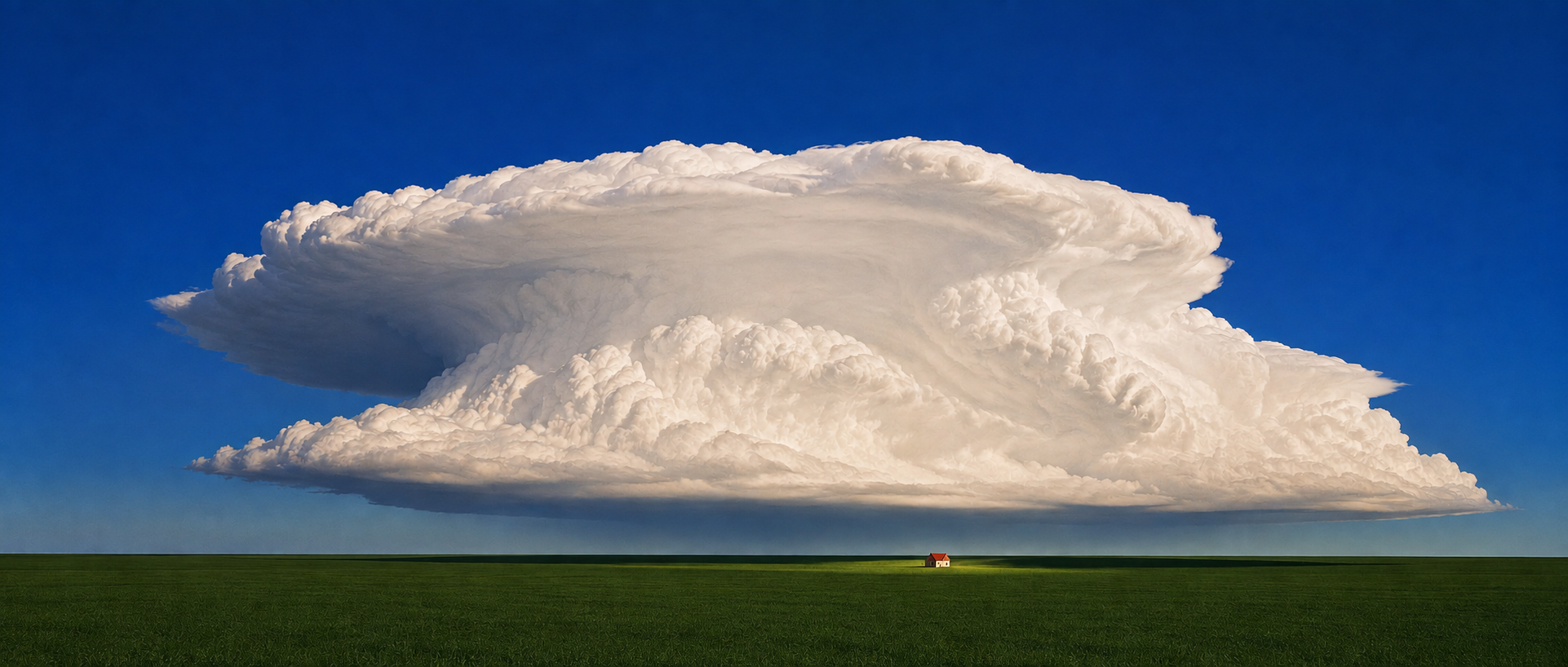 One small house alone on open green ground beneath an enormous cumulonimbus cloud in a cobalt sky.